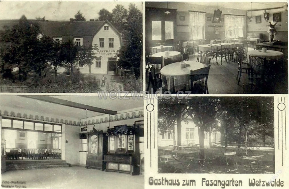Restaurace Fasanengarten ve Václavicích. V tanečním sále stojí vedle sebe dva orchestriony.