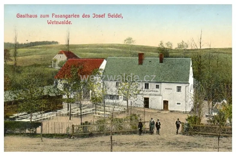 Václavice (Wetzwalde) na pohlednici (ještě před přestavbou). Hostinec zum Fasangarten.