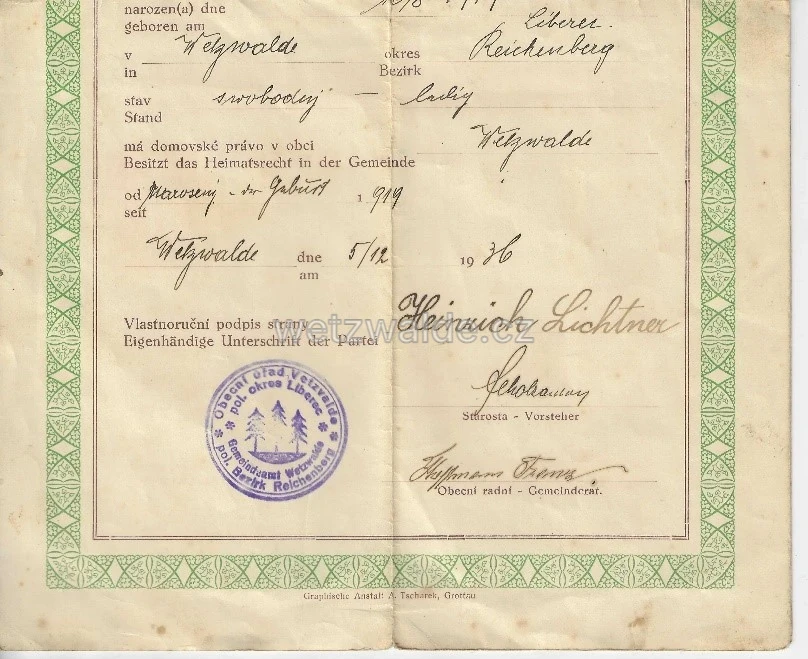 Domovský list (Heimatschein) z první Československé republiky - úřední doklad, který potvrzoval domovské právo v dané obci 1