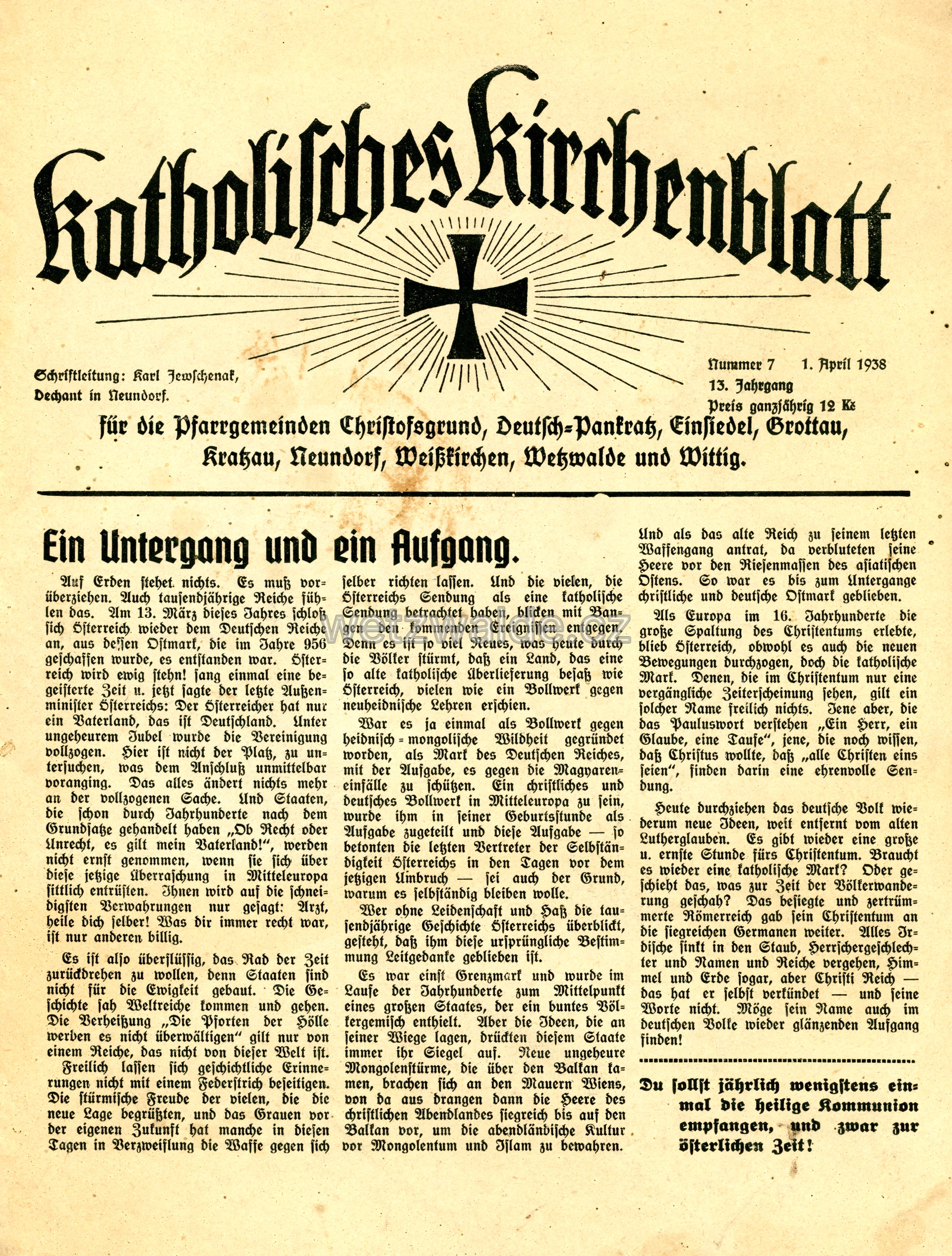 Jedná se o nalezený katolický farní věstník (zpravodaj) s názvem Katholisches Kirchenblatt, vydaný 1. dubna 1938 (číslo 7, 13. ročník).