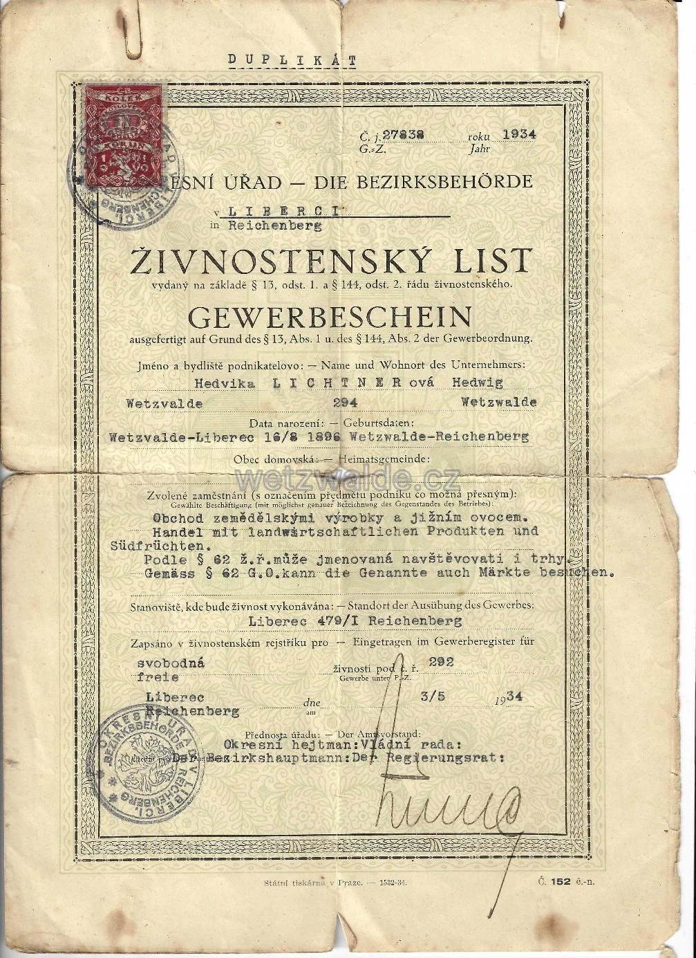 Živnostenský list rodiny Lichtner.