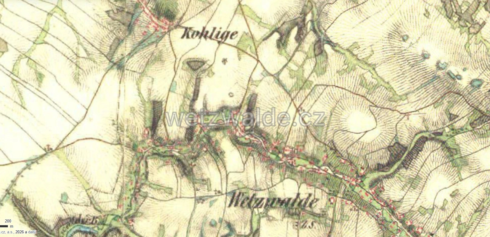 Mapa Druhého vojenského mapování z poloviny 19. století a pohled na Václavice (Wetzwalde) a Uhelnou (Kohlige).