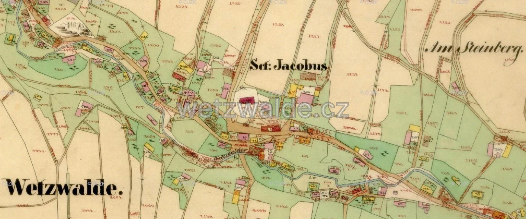 Mapy Stabilního katastru z roku 1843 – pohled na střed vesnice.