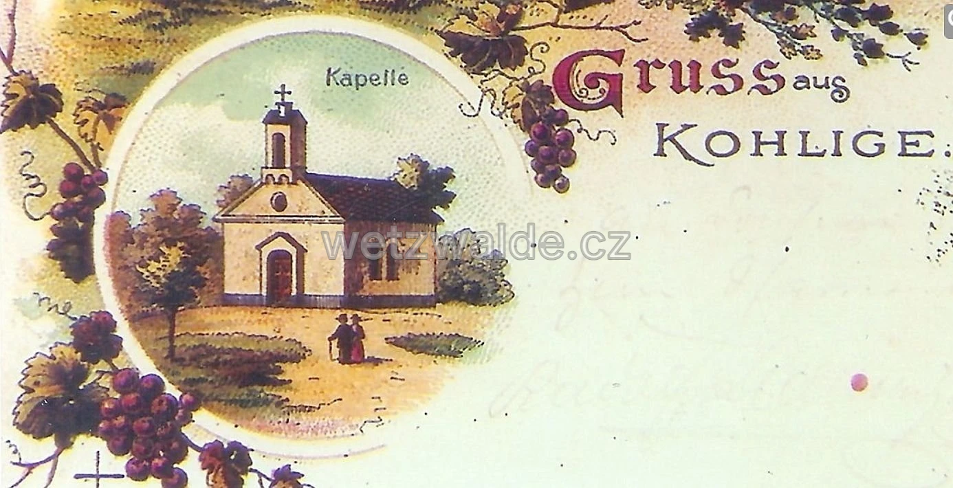 Kaple na Uhelné na dobové pohlednici z roku 1900.