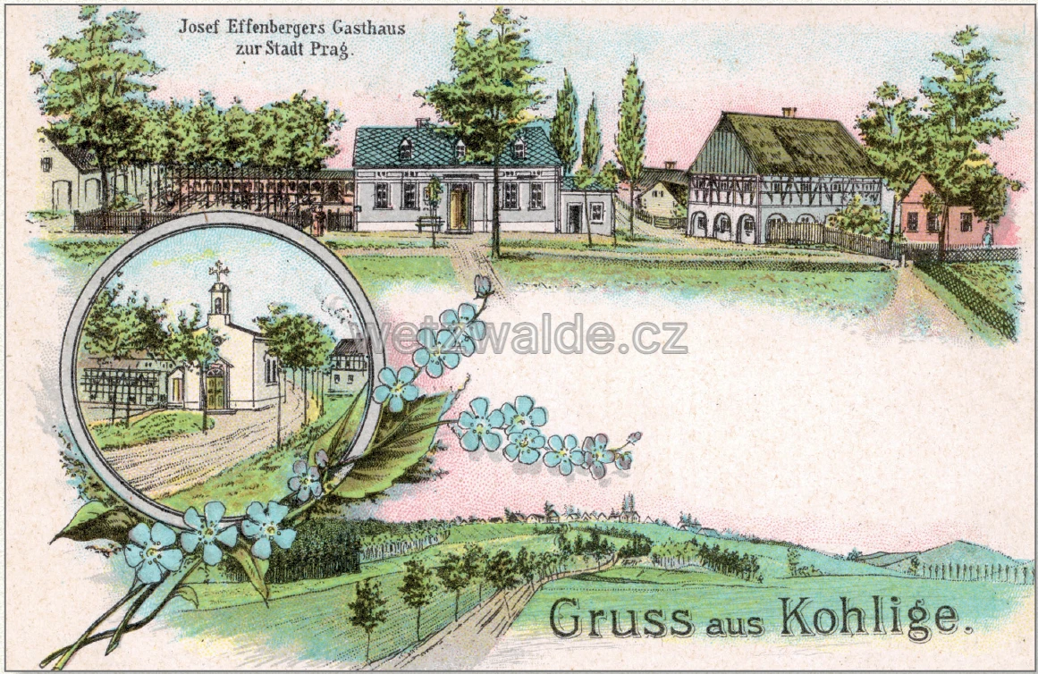 Náves na Uhelné s kaplí Panny Marie Pomocné. V horní části Effenbergerova restaurace Zur Stadt Prag. Vrchol v pravé části pohlednice jsou dnešní Výhledy (Gickelsberg). Rok 1901.
