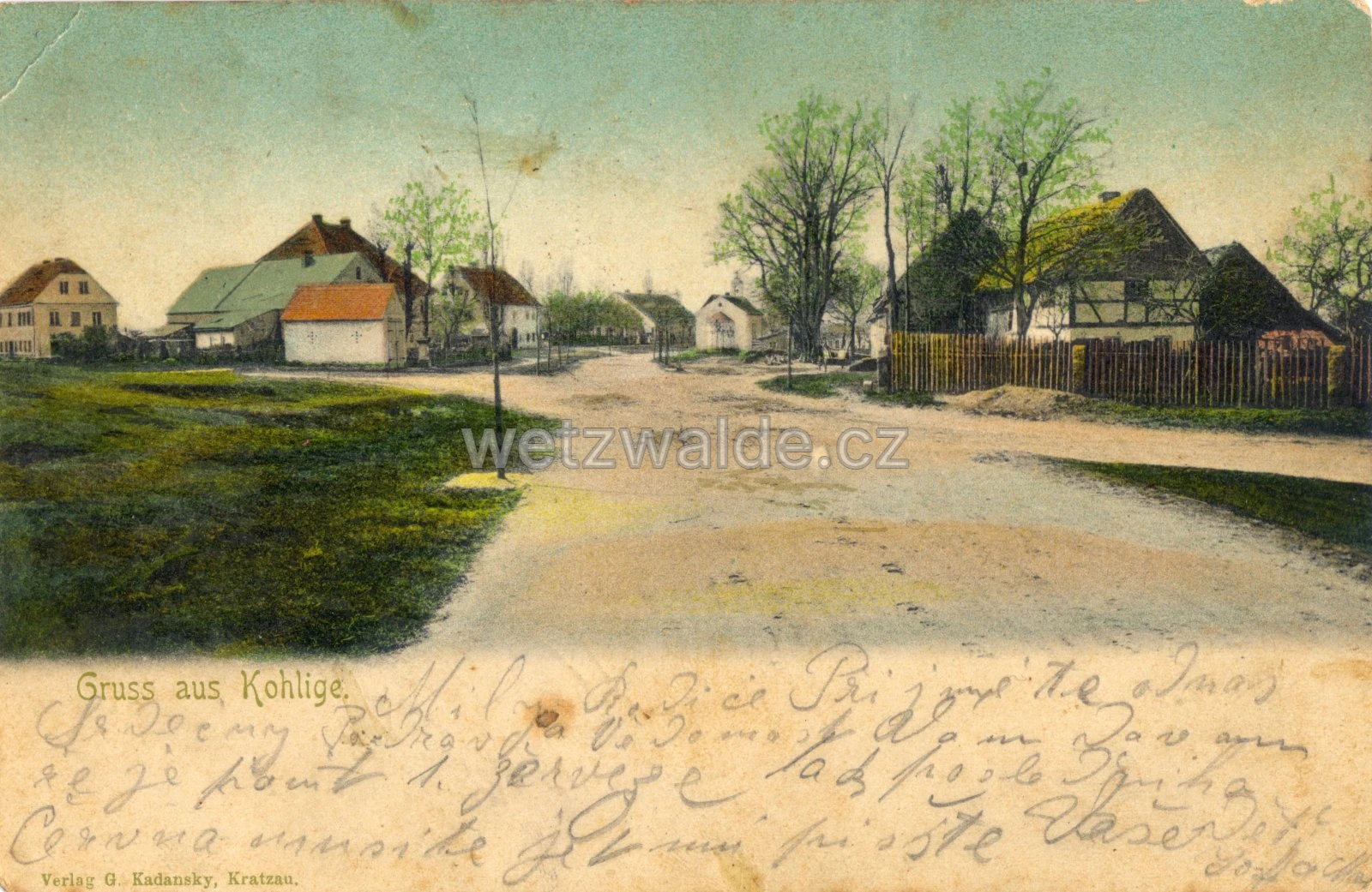 Pohled na Uhelnou z roku 1903 - příjezd do vesnice od Václavic.