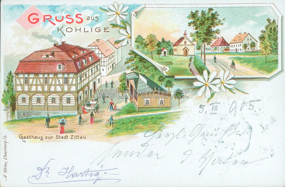 Pozdrav z Uhelné z r. 1905. Vlevo hostinec Zur Stadt Zittau.