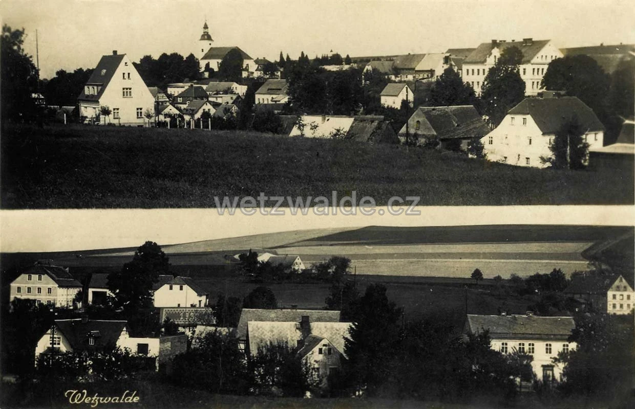 Dobová pohlednice vsi s kostelem (vlevo nahoře). Před rokem 1945.